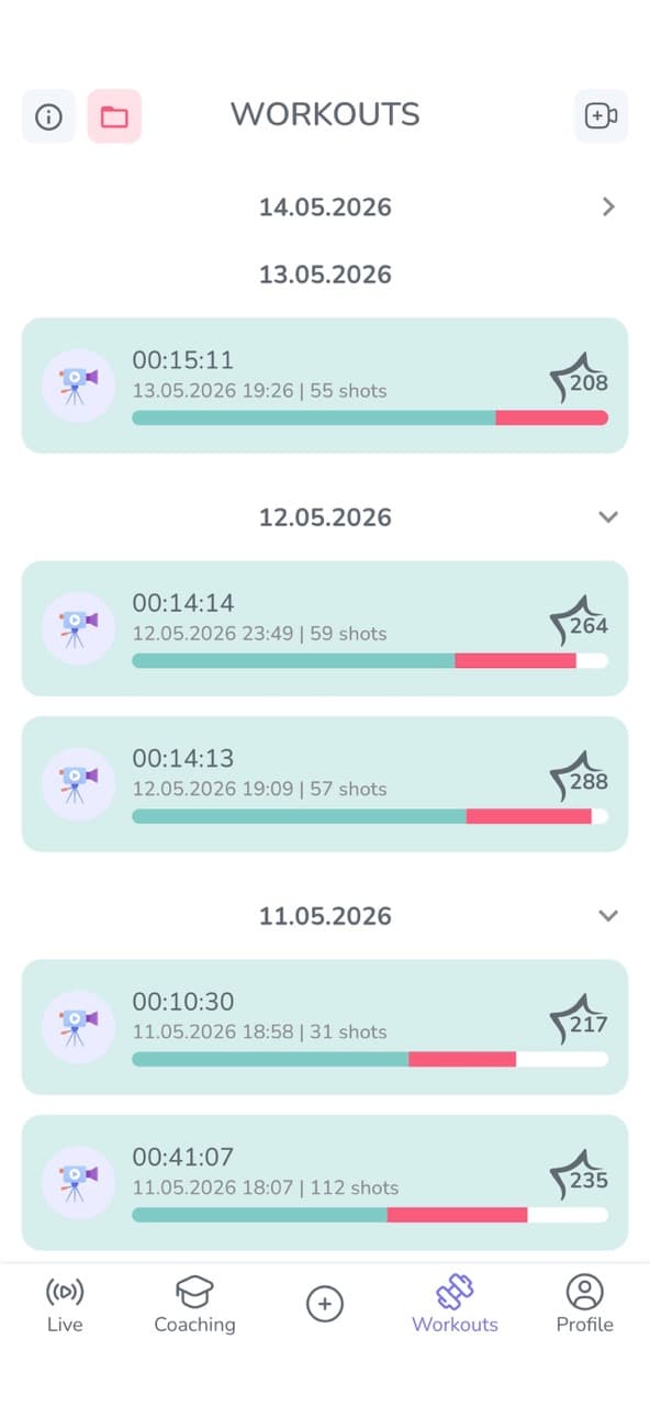 PerformStars mobile workouts screen